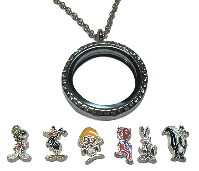 Looney Tunes Themed 6 Floating Charms With Silver Colored Metal Locket Pendant Necklace