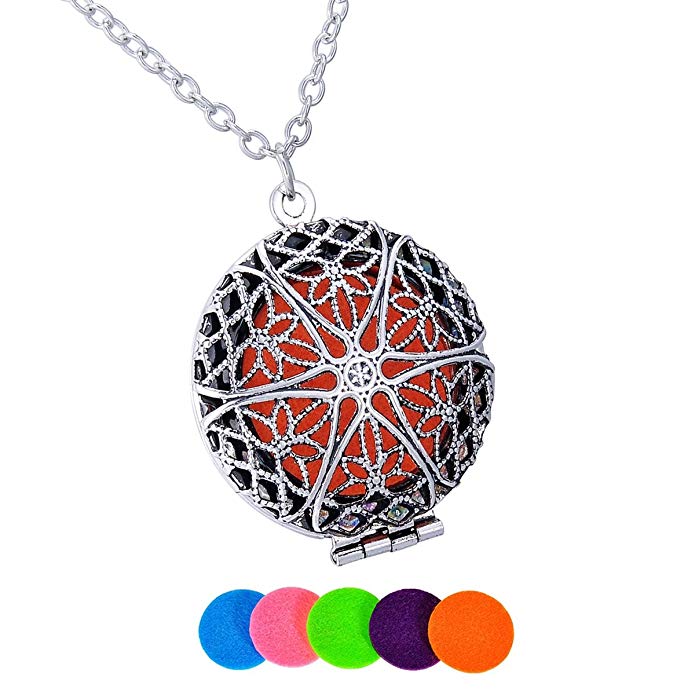 HooAMI Aromatherapy Essential Oil Diffuser Necklace Flower Round Locket Pendant,5 Colorful Pads