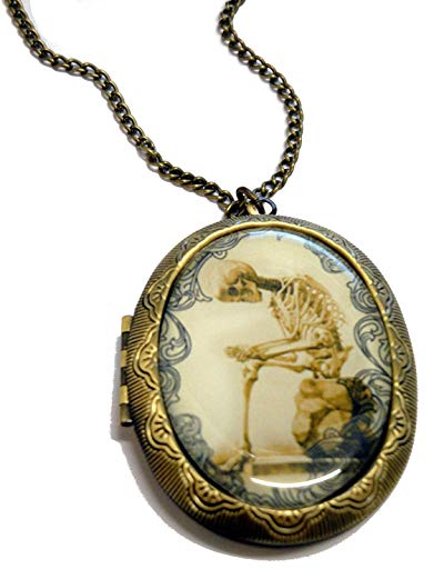 Fallen Saint Sitting Skeleton Cameo Locket Necklace