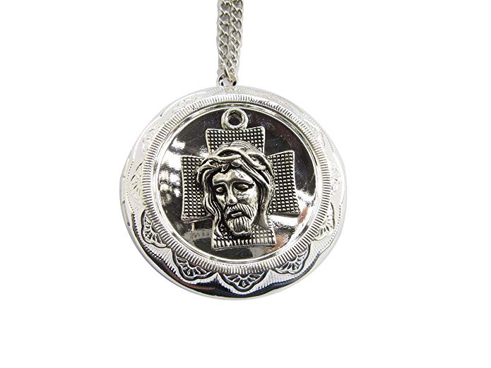 Crown of Thorns silver Jesus Cross locket necklace,Holy Face of Jesus Crowned with Thorns locket pendant