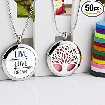 2 Styles Aromatherapy Necklace Essential Oil Diffuser (Live Love Dream & Tree of Life,2 Chains, 12 Felt Pads) by Lademayh