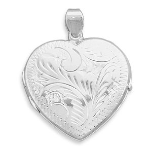 JewelryWeb Sterling Silver Large Etched Heart Locket 36x30mm Locket Holds 2 Pictures