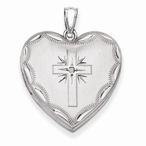 Solid 925 Sterling Silver 24mm w/ Diamond Cross Design Family Love Heart Locket Opens Engravable Pendant (.01 cttw.) (29mm Height x 24mm Width)