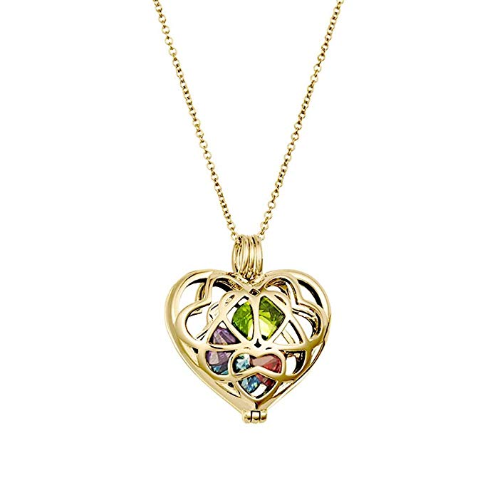 Gold Plated Personalized 6mm Round Simulated Birthstone Heart Caged Locket (16