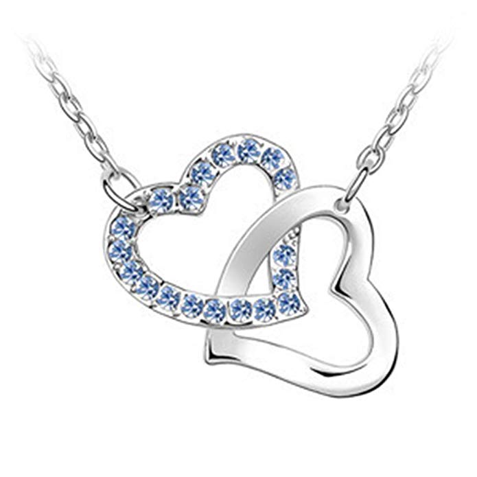 Bling Stars Silver Plated Swarovski Elements Crystals Double Open Heart Pendant Necklace Gifts for Women