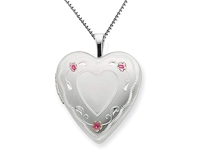 Sterling Silver 20mm Enameled Roses Heart Locket Necklace Chain Included