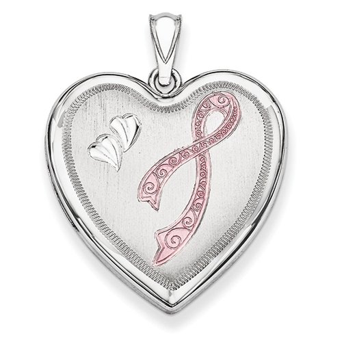 Sterling Silver Enameled Pink Breast Cancer Ribbon 24mm Heart Locket Pendant