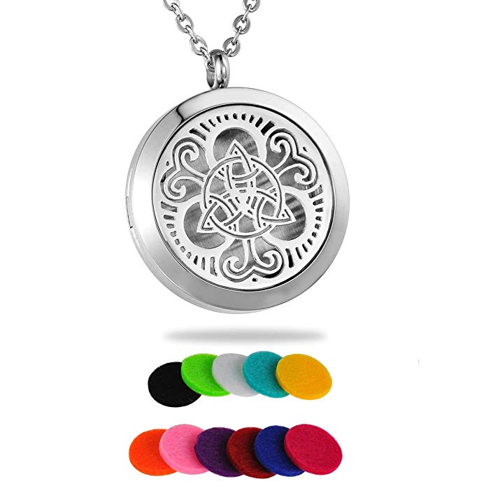 HooAMI Aromatherapy Essential Oil Diffuser Necklace - Stainless Steel Celtic Knot Round Locket Pendant