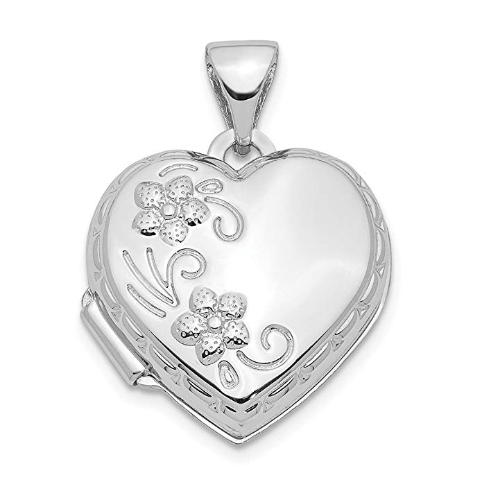 14kt White Gold Heart Shaped Reversible Floral Photo Pendant Charm Locket Chain Necklace That Holds Pictures Fine Jewelry For Women Gift Set