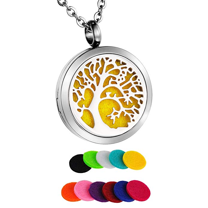 HooAMI Aromatherapy Essential Oil Diffuser Necklace Tree of Life Locket Pendant + 11 Refill Pads