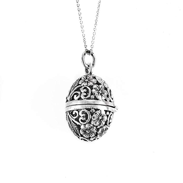 Silverly Women's .925 Sterling Silver Filigree Faberge Locket Chain Necklace, 46 cm