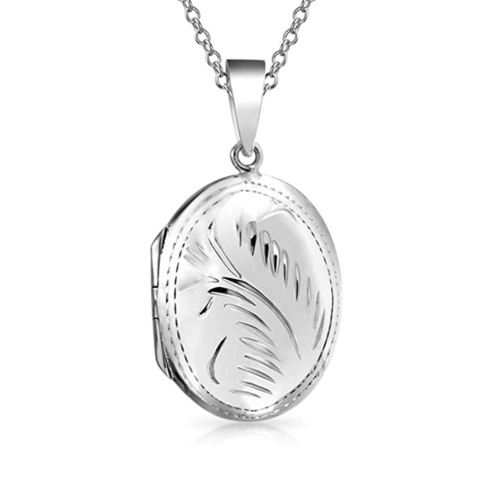 Etched Oval Polished Locket Pendant Sterling Silver Necklace 18 Inches