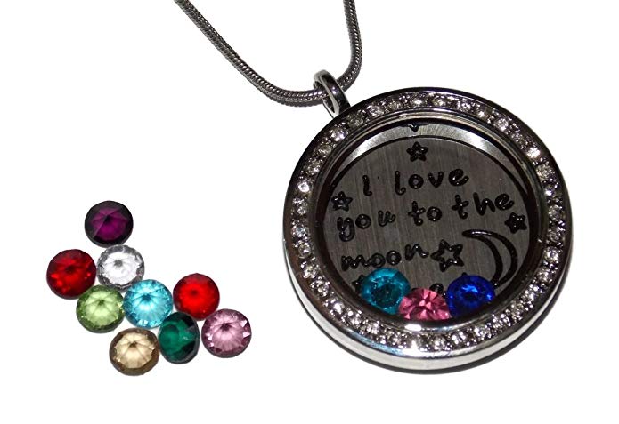 Floating Locket Birthstone Kit - Locket, Necklace, Back plate, and set of 12 Birthstones - I Love You to the Moon and Back