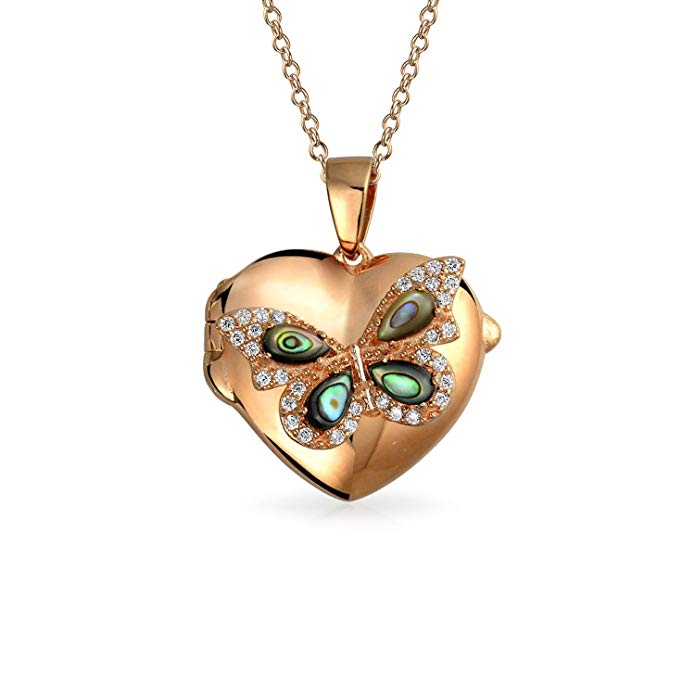 Bling Jewelry Abalone Shell CZ Butterfly Heart Shpaed Locket Pendant Rose Gold Plated Necklace 18 Inches