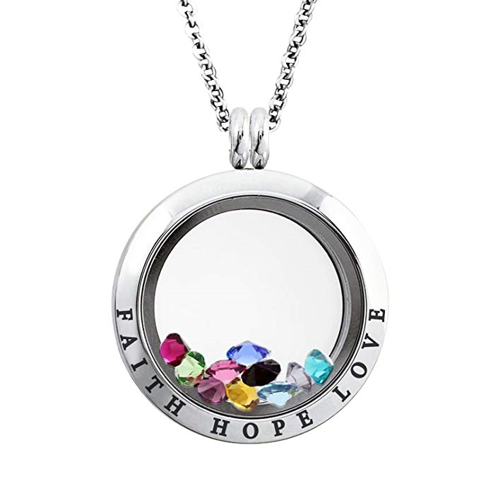 20-25 MM Stainless Steel Faith Hope Love Engraved Floating Glass Charm Locket Pendant Necklace