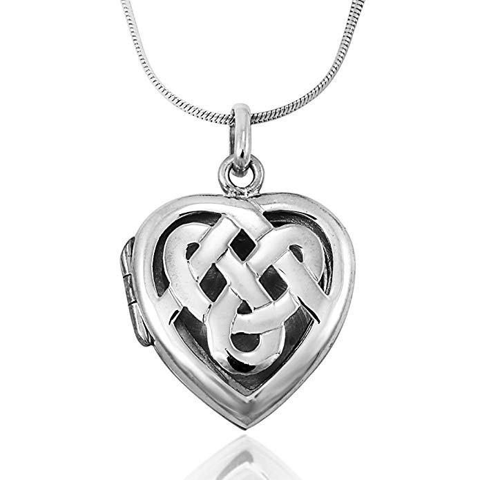 925 Sterling Silver Cut Out Celtic Knot Love Heart Locket Pendant on Alloy Necklace Chain, 18 inches