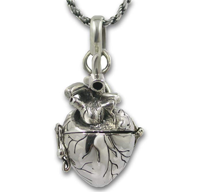 CoolRings Pearlina Anatomical Heart Necklace Solid Sterling Silver 3d Antique Finish Message Note Holder or Pill Box Pendant Locket Opens