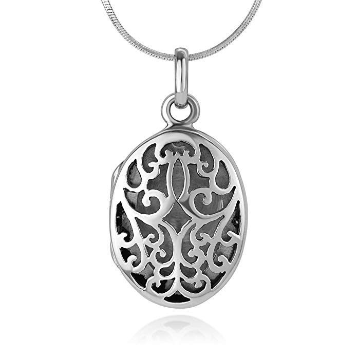 Chuvora 925 Oxidized Sterling Silver Open Filigree Detailed Oval Shaped Locket Pendant Necklace, 18 inches