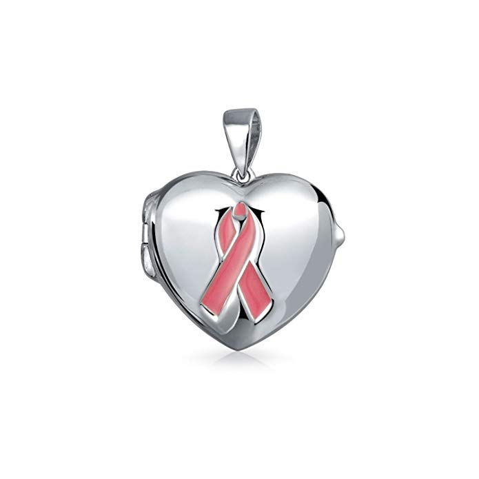 Pink Enamel Ribbon Cancer Awareness Heart Shaped Locket Sterling Silver Pendant