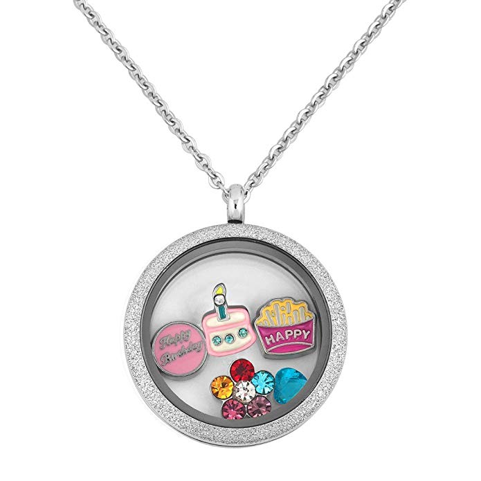 Q&Locket Happy Birthday Cake Flower Floating 316L Stainless Steel Screw Style Locket Necklace