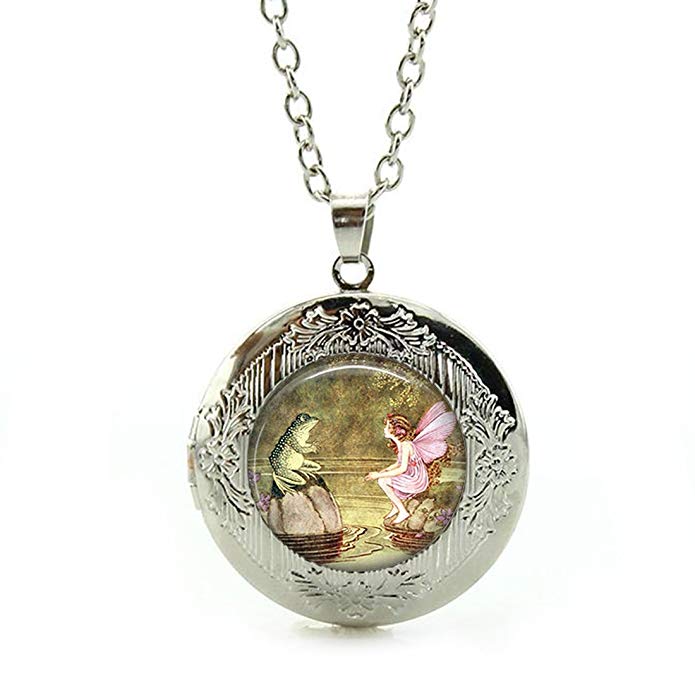 Women's Custom Locket Closure Pendant Necklace Fairytale Witch Resin Halloween Jewelry Included Free Silver Chain, Best Gift Set