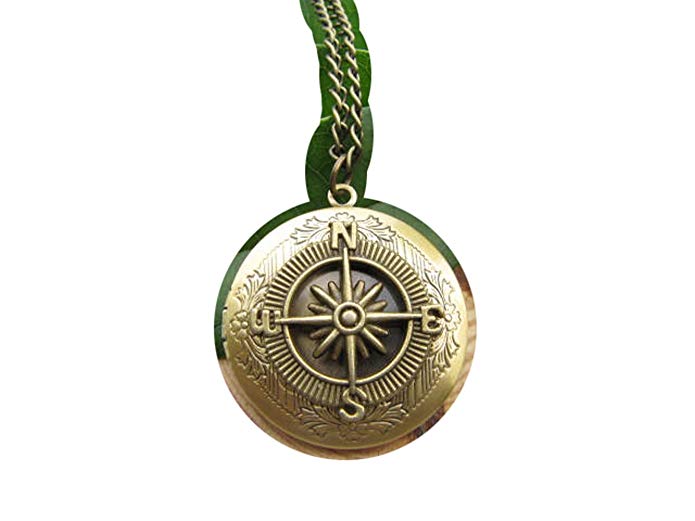 Brass Compass Locket Necklace, Compass Pendant Jewelry, Compass Photo Locket, Compass Round Locket