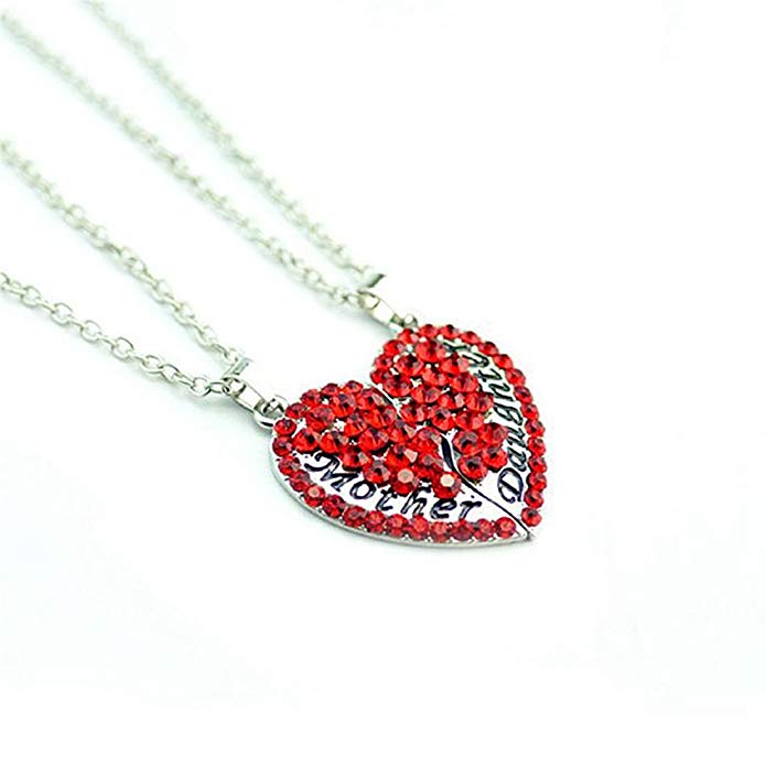 SODIAL(R) 1Set/2pc Unique Design Mother Daughter Diamond Break Heart Pendant Necklace Gift Red