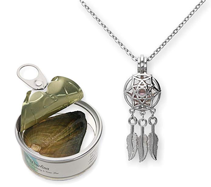 Pearlina Dream Catcher Cultured Pearl Oyster Necklace Set Silver-tone Cage w/Stainless Steel Chain 18