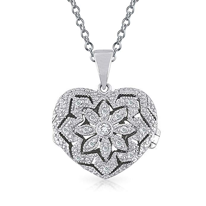 Vintage Style Filigree Pave Heart Locket Pendant Sterling Silver Necklace 18 Inches