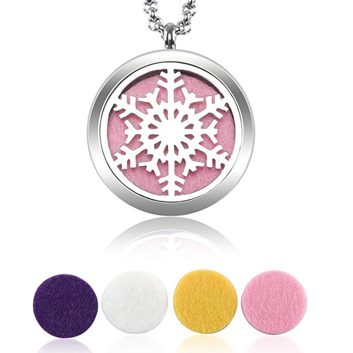 Blowin Stainless Steel Perfume Locket Aromatherapy Pendant Essential Oil Diffuser Necklace Snowflake with 22 Inch Chain + 6 Felt Pads