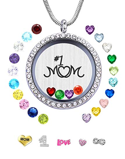 JOLIN Best Mom Gift, Women Floating Living Memory Locket Necklace Pendant with Charms & Birthstones for Mother