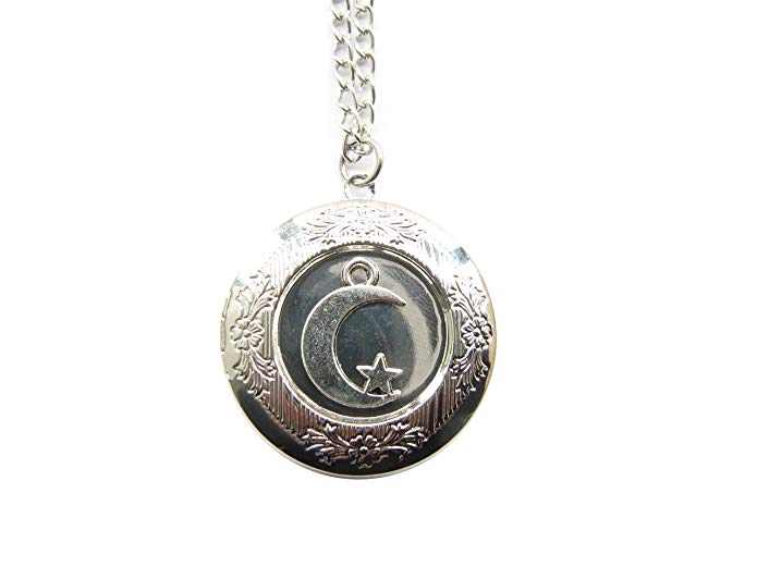 Ancient Silver Moon Locket Necklace,moon and Star Charm Locket Pendant,moon Stars Locket Pendant Jewelry