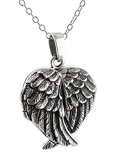 Sterling Silver Crossed Angel Wings Heart Locket Necklace, 18